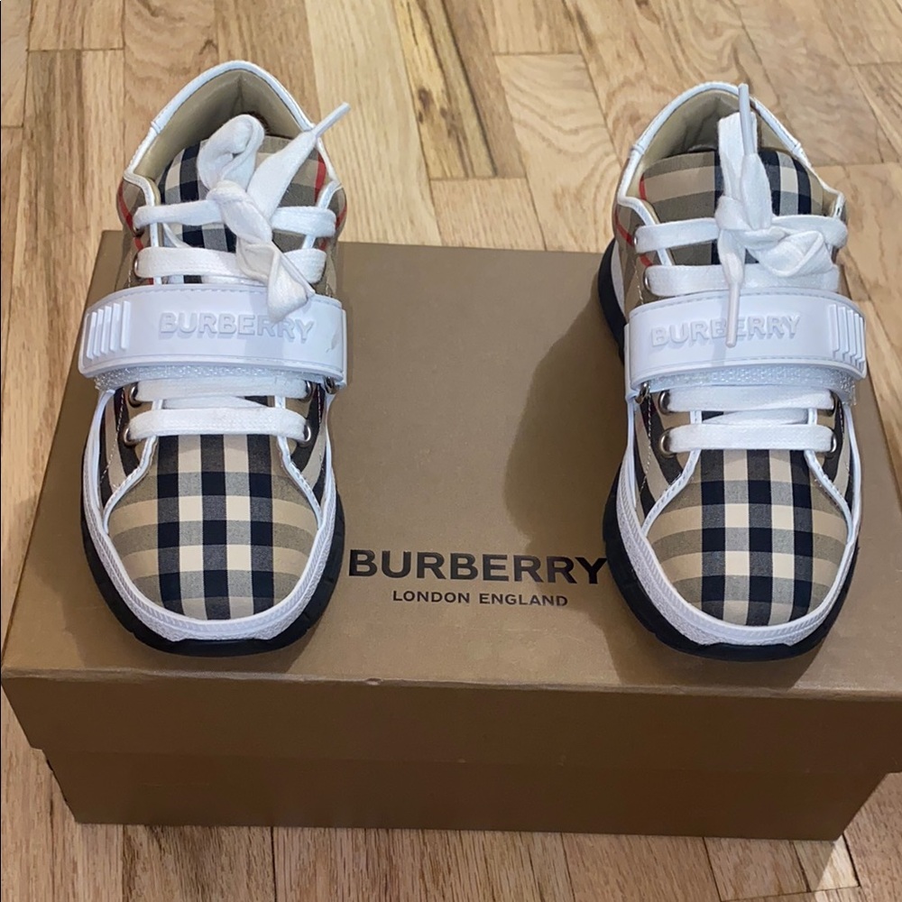 Burberry Tan and White Sneakers with Signature Style